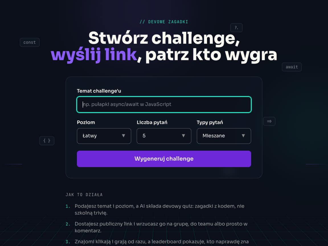 Kreator wyzwania w aplikacji z kursu DevChallenge - temat, poziom i typy pytań