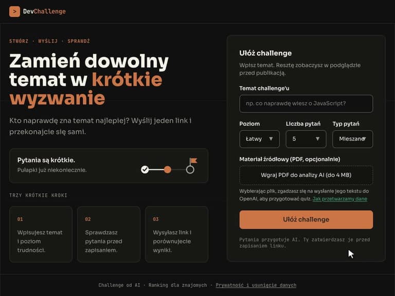 Kreator wyzwania w aplikacji z kursu DevChallenge: temat, poziom i typy pytań