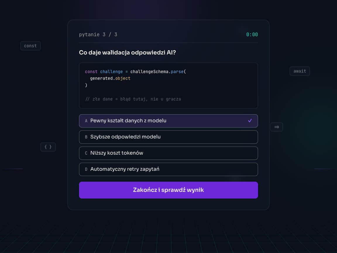 Ekran wyniku w aplikacji DevChallenge - punktacja i poprawne odpowiedzi