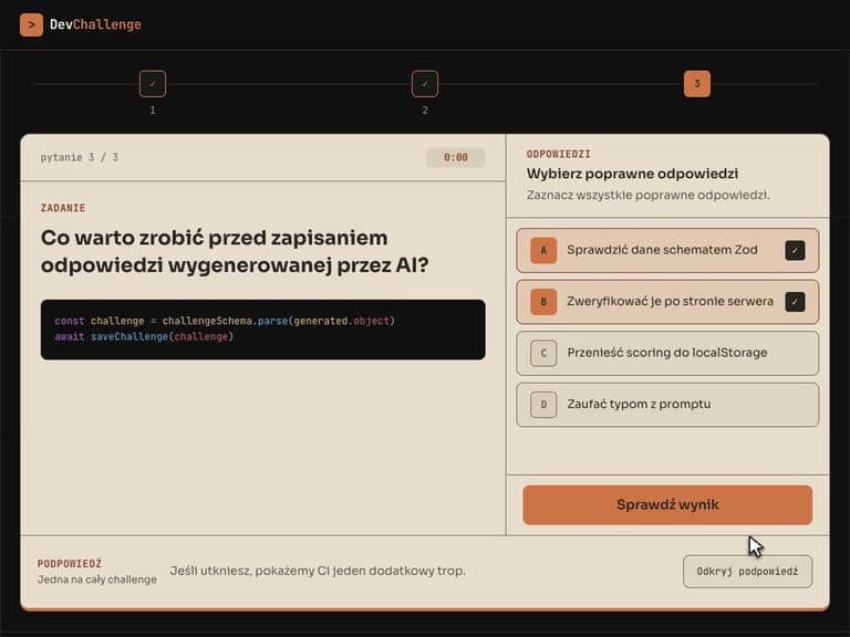 Pytanie w aplikacji DevChallenge: panel odpowiedzi i przycisk sprawdzenia wyniku